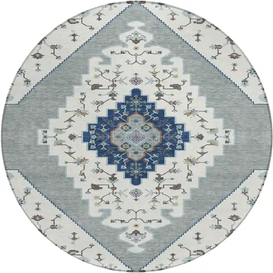 8' Ivory And Silver Round Geometric Washable Indoor Outdoor Area Rug Photo 2