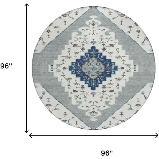 8' Ivory And Silver Round Geometric Washable Indoor Outdoor Area Rug Photo 8