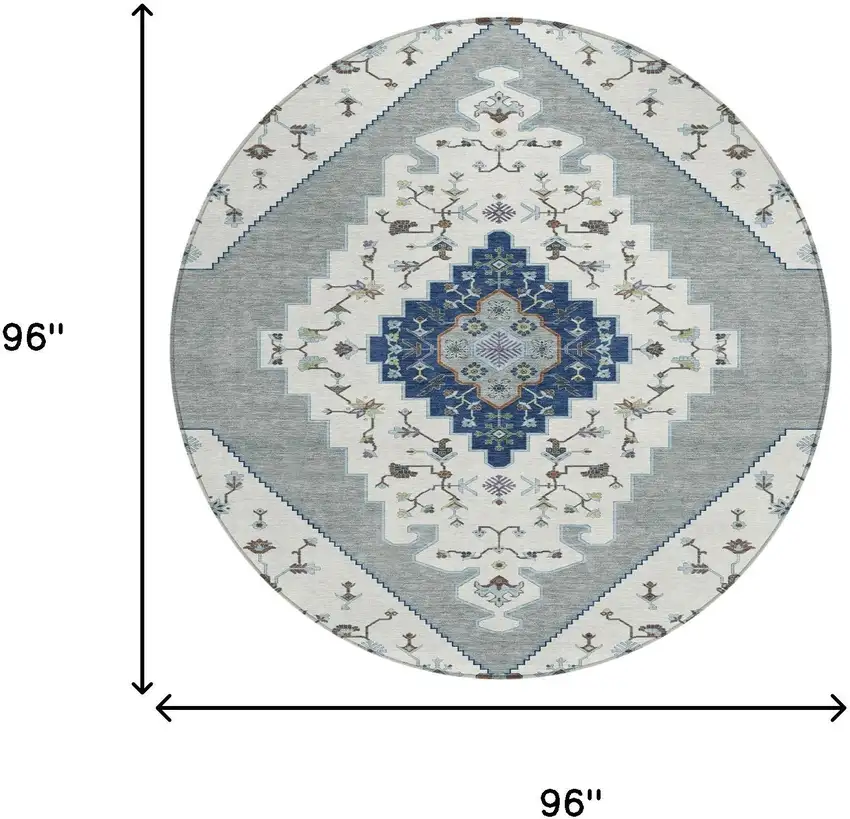 8' Ivory And Silver Round Geometric Washable Indoor Outdoor Area Rug Photo 8