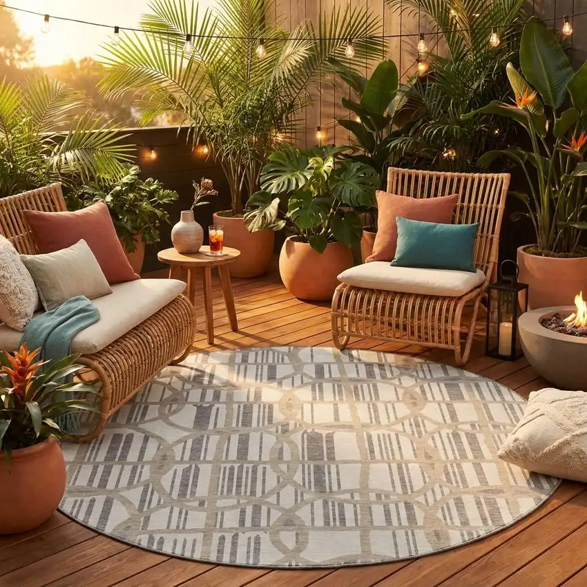 8' Ivory And Silver Round Geometric Washable Indoor Outdoor Area Rug Photo 1