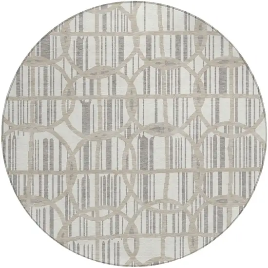 8' Ivory And Silver Round Geometric Washable Indoor Outdoor Area Rug Photo 2
