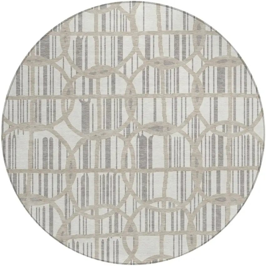 8' Ivory And Silver Round Geometric Washable Indoor Outdoor Area Rug Photo 2