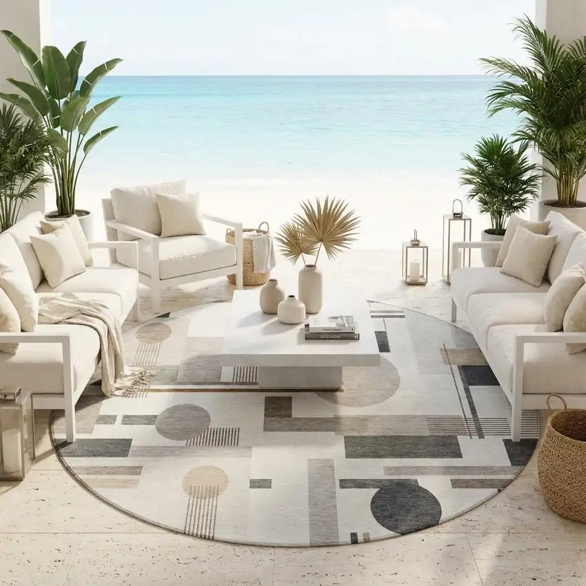 8' Ivory And Silver Round Geometric Washable Indoor Outdoor Area Rug Photo 1