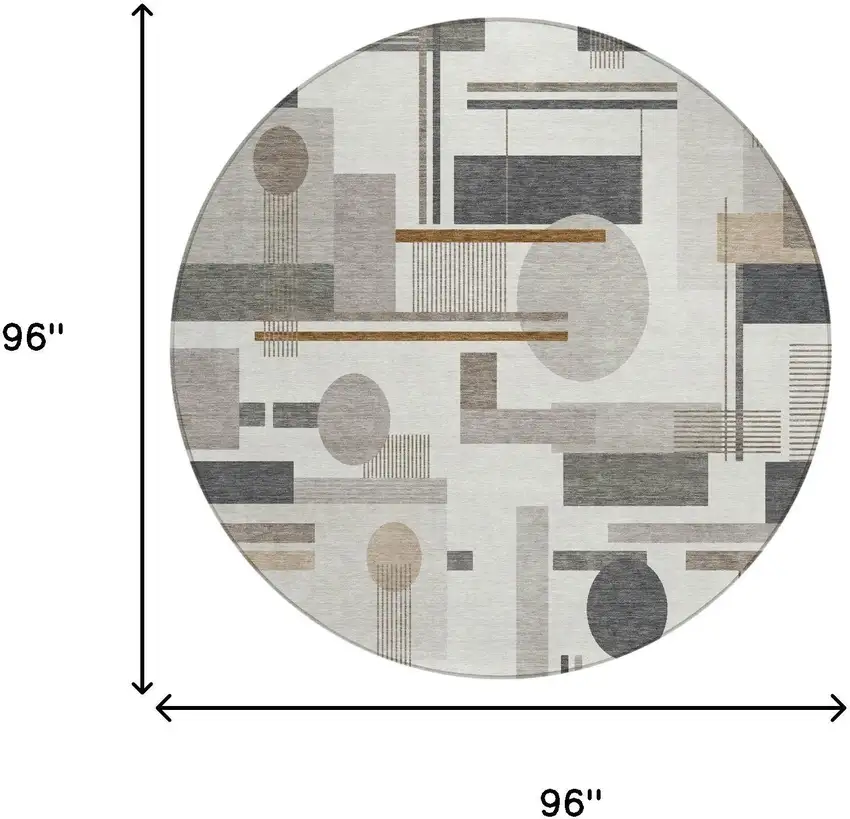 8' Ivory And Silver Round Geometric Washable Indoor Outdoor Area Rug Photo 5