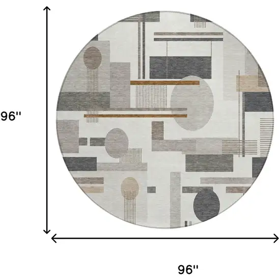 8' Ivory And Silver Round Geometric Washable Indoor Outdoor Area Rug Photo 5