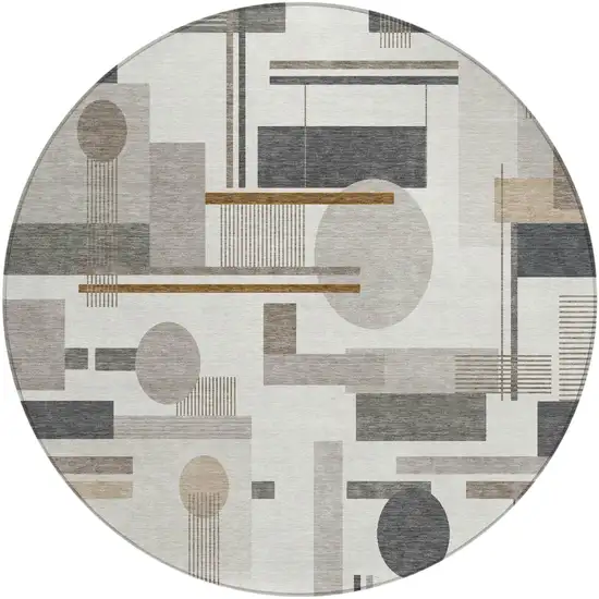 8' Ivory And Silver Round Geometric Washable Indoor Outdoor Area Rug Photo 2