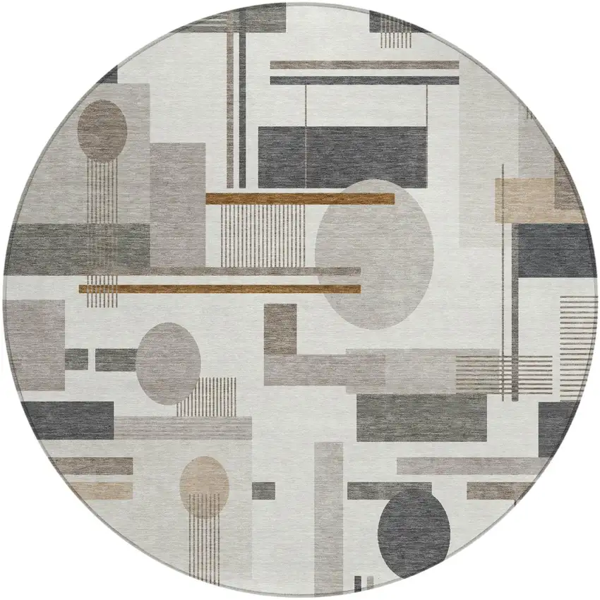 8' Ivory And Silver Round Geometric Washable Indoor Outdoor Area Rug Photo 2
