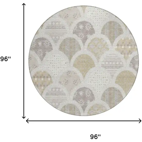 8' Ivory And Silver Round Geometric Washable Indoor Outdoor Area Rug Photo 5