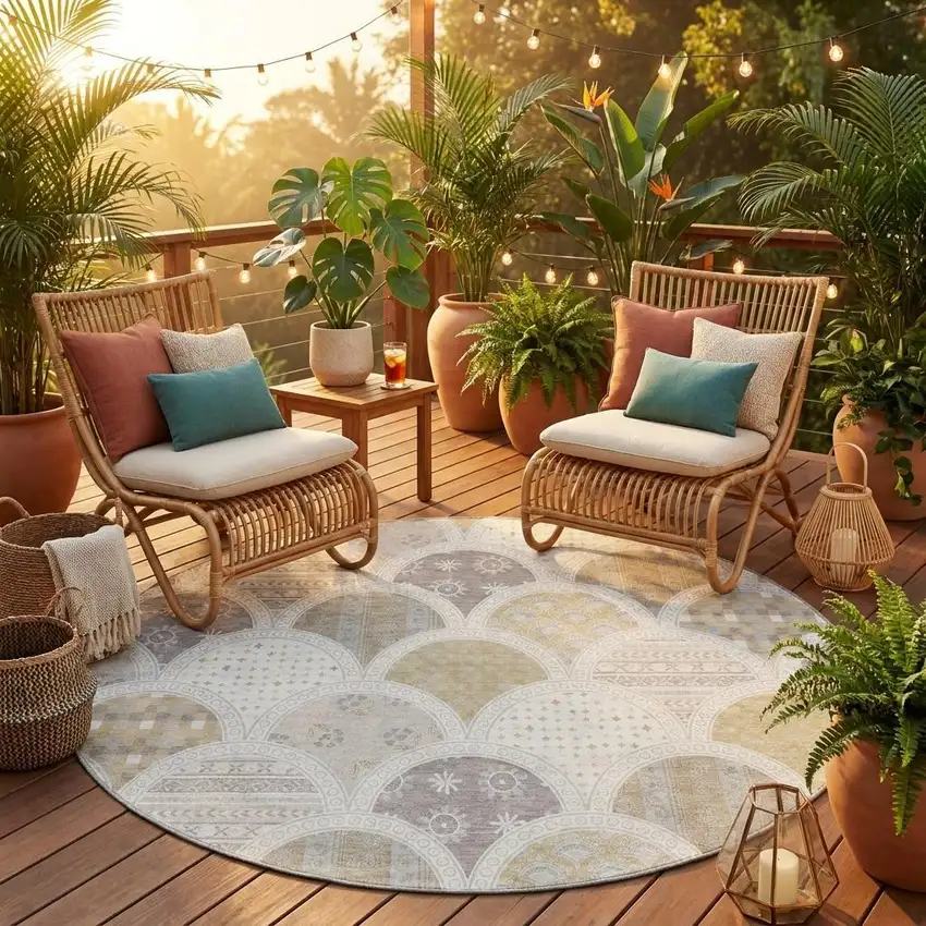 8' Ivory And Silver Round Geometric Washable Indoor Outdoor Area Rug Photo 1