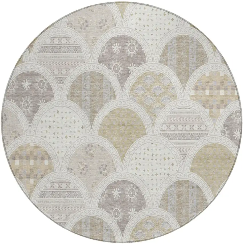 8' Ivory And Silver Round Geometric Washable Indoor Outdoor Area Rug Photo 2