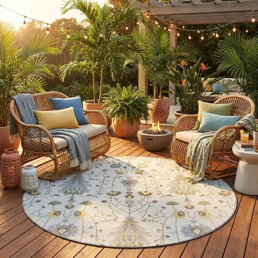 8' Ivory And Silver Round Oriental Washable Indoor Outdoor Area Rug Photo 1