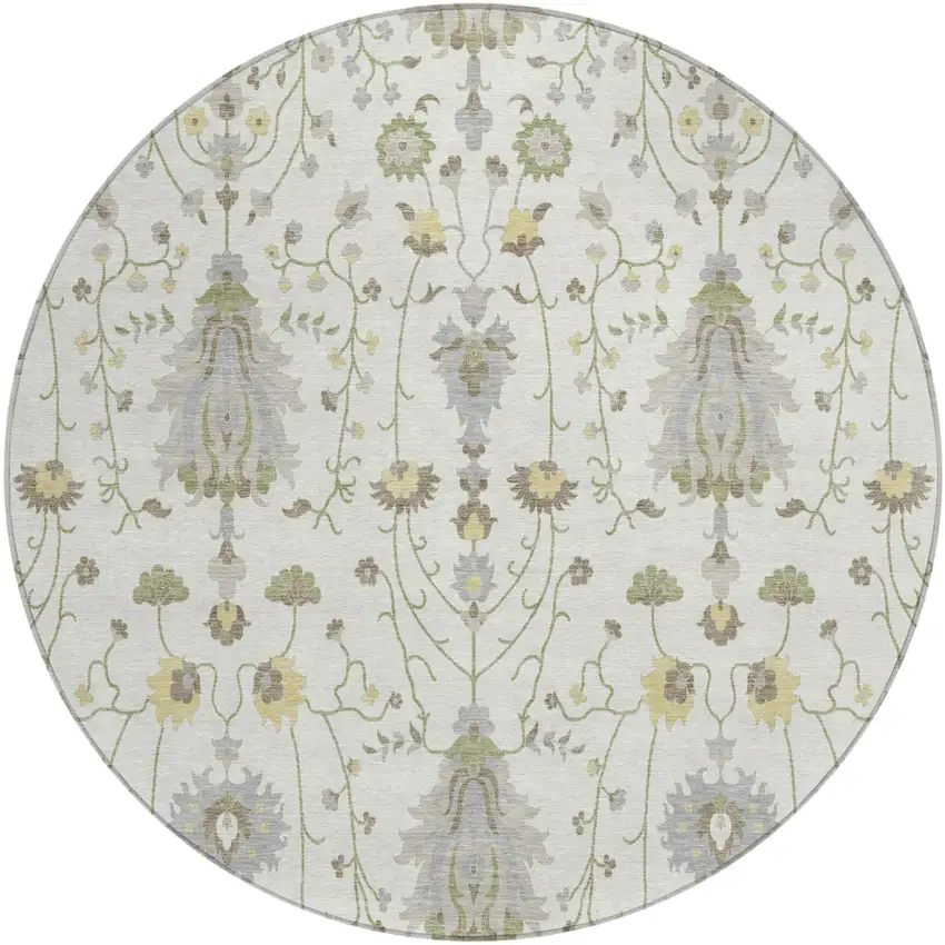 8' Ivory And Silver Round Oriental Washable Indoor Outdoor Area Rug Photo 2