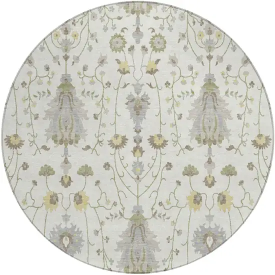 8' Ivory And Silver Round Oriental Washable Indoor Outdoor Area Rug Photo 2