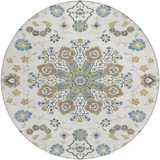 8' Ivory And Silver Round Oriental Washable Indoor Outdoor Area Rug Photo 2