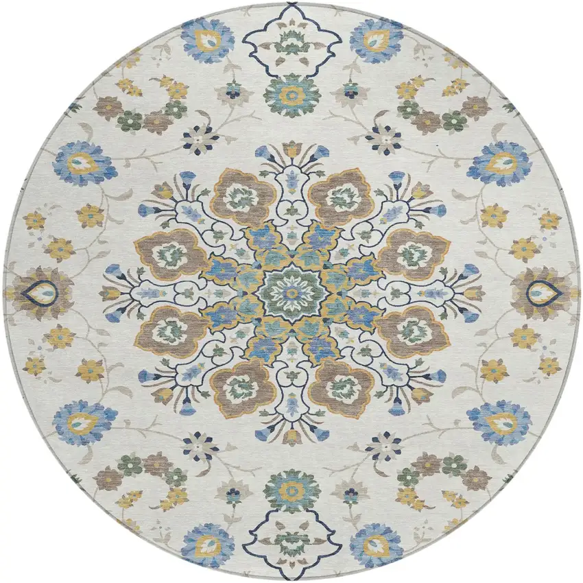 8' Ivory And Silver Round Oriental Washable Indoor Outdoor Area Rug Photo 2