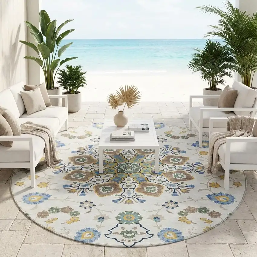8' Ivory And Silver Round Oriental Washable Indoor Outdoor Area Rug Photo 1