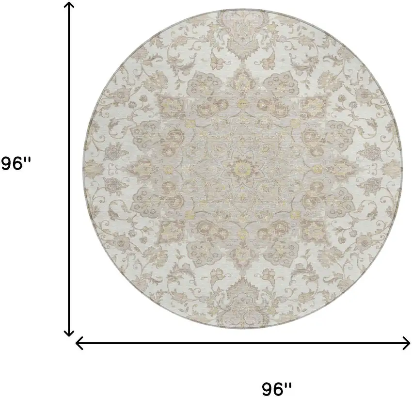 8' Ivory And Silver Round Oriental Washable Indoor Outdoor Area Rug Photo 5