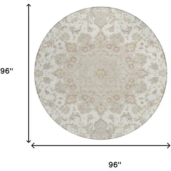 8' Ivory And Silver Round Oriental Washable Indoor Outdoor Area Rug Photo 5