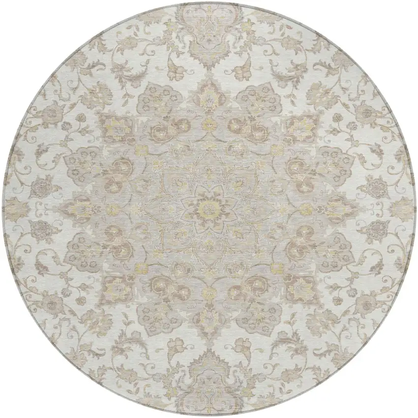 8' Ivory And Silver Round Oriental Washable Indoor Outdoor Area Rug Photo 2