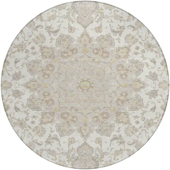 8' Ivory And Silver Round Oriental Washable Indoor Outdoor Area Rug Photo 2