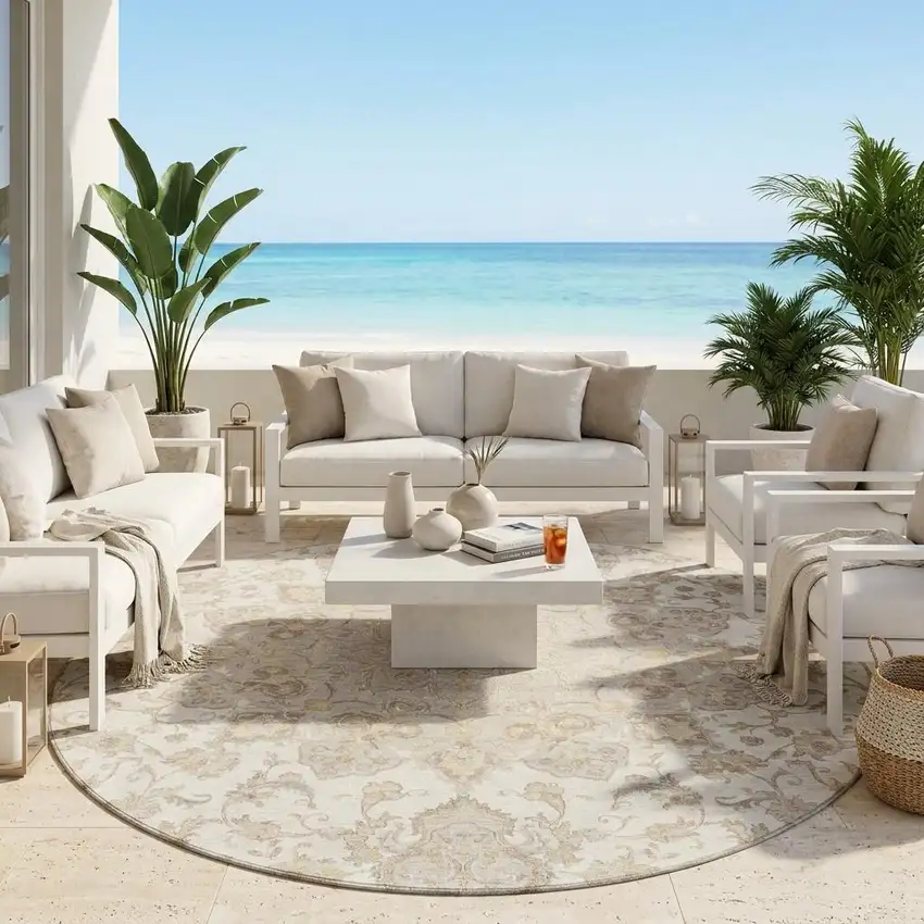 8' Ivory And Silver Round Oriental Washable Indoor Outdoor Area Rug Photo 1