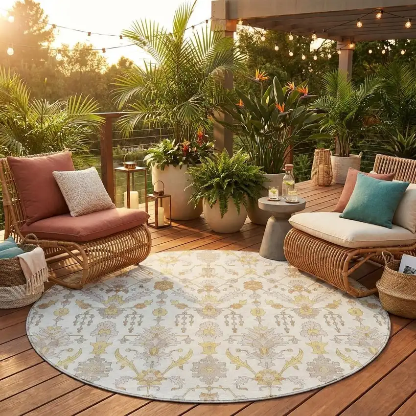8' Ivory And Silver Round Oriental Washable Indoor Outdoor Area Rug Photo 1