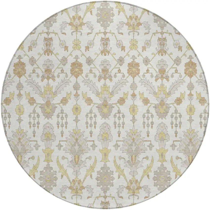 8' Ivory And Silver Round Oriental Washable Indoor Outdoor Area Rug Photo 2