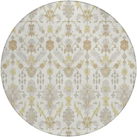 8' Ivory And Silver Round Oriental Washable Indoor Outdoor Area Rug Photo 2