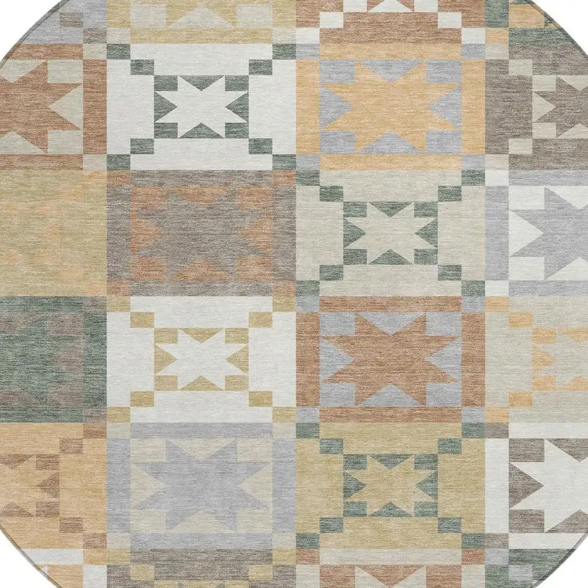 8' Ivory And Silver Round Patchwork Washable Indoor Outdoor Area Rug Photo 2