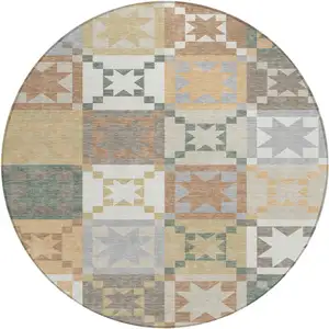 Photo of 8' Ivory And Silver Round Patchwork Washable Indoor Outdoor Area Rug