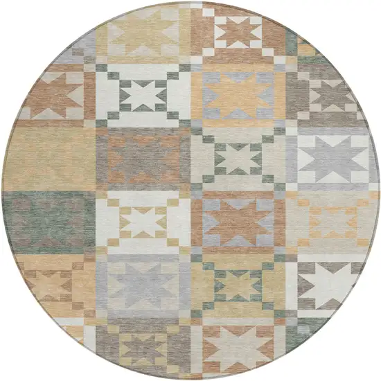 8' Ivory And Silver Round Patchwork Washable Indoor Outdoor Area Rug Photo 1