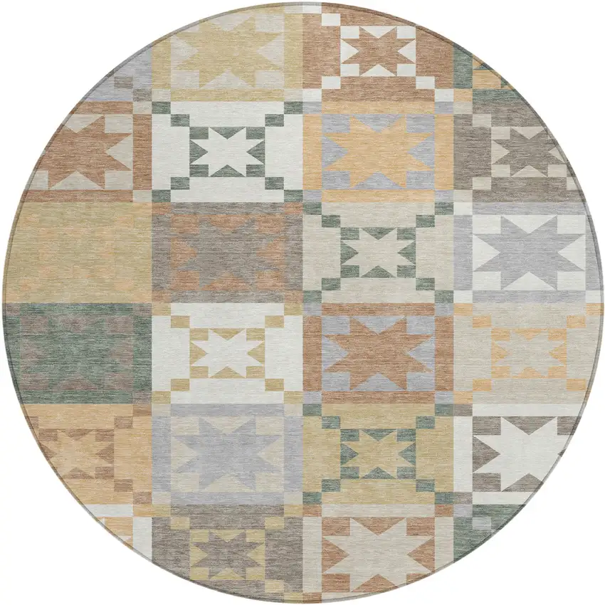 8' Ivory And Silver Round Patchwork Washable Indoor Outdoor Area Rug Photo 1
