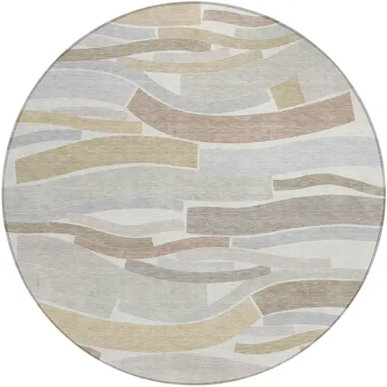 8' Ivory And Silver Round Striped Washable Indoor Outdoor Area Rug Photo 2