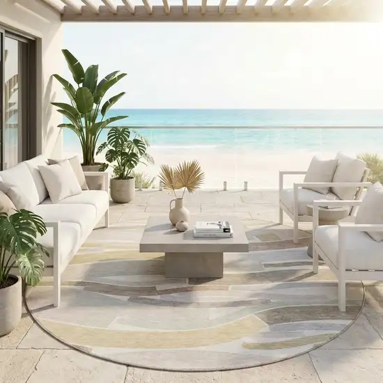 8' Ivory And Silver Round Striped Washable Indoor Outdoor Area Rug Photo 1