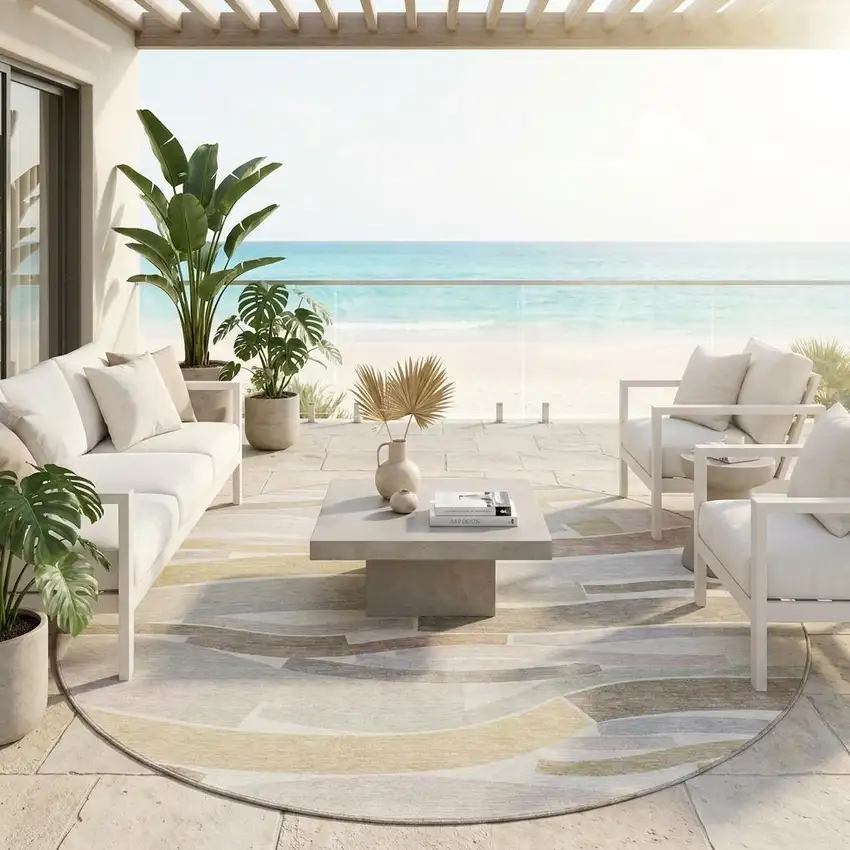8' Ivory And Silver Round Striped Washable Indoor Outdoor Area Rug Photo 1