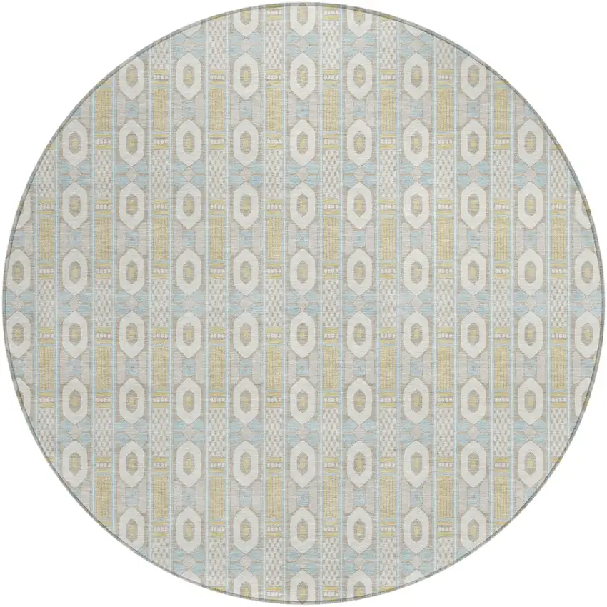 8' Ivory And Silver Round Striped Washable Indoor Outdoor Area Rug Photo 2