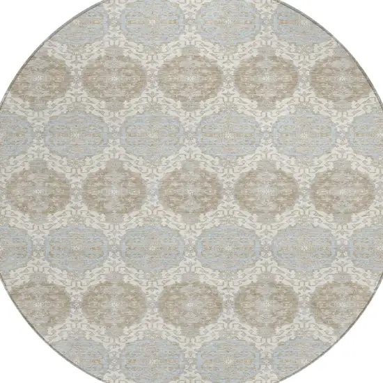 8' Ivory And Silver Round Striped Washable Indoor Outdoor Area Rug Photo 3