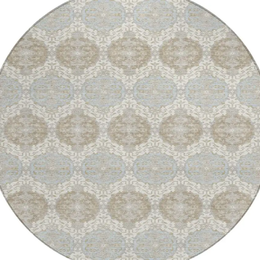 8' Ivory And Silver Round Striped Washable Indoor Outdoor Area Rug Photo 3