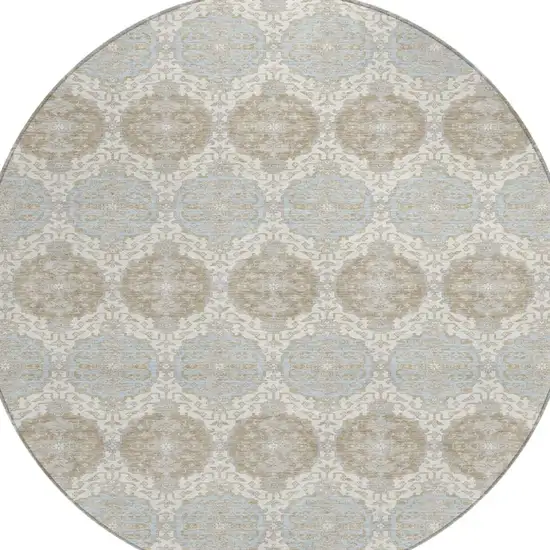 8' Ivory And Silver Round Striped Washable Indoor Outdoor Area Rug Photo 2