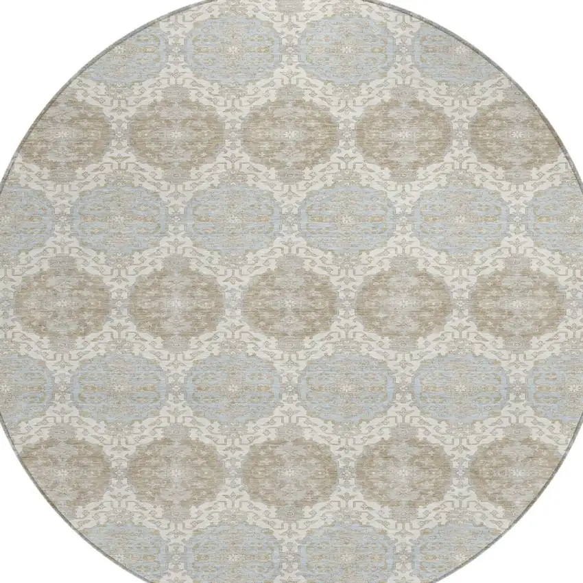 8' Ivory And Silver Round Striped Washable Indoor Outdoor Area Rug Photo 2