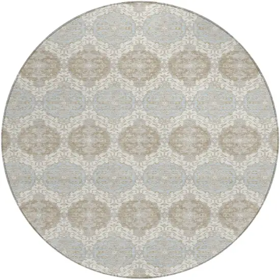 8' Ivory And Silver Round Striped Washable Indoor Outdoor Area Rug Photo 1