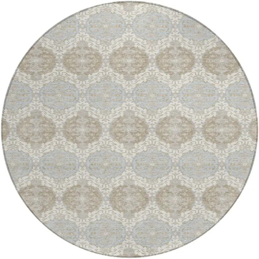 8' Ivory And Silver Round Striped Washable Indoor Outdoor Area Rug Photo 1