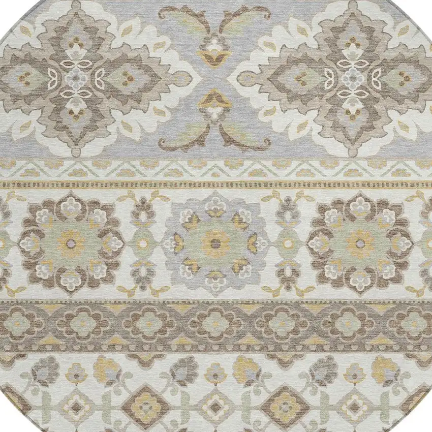 8' Ivory And Silver Round Tribal Washable Indoor Outdoor Area Rug Photo 5