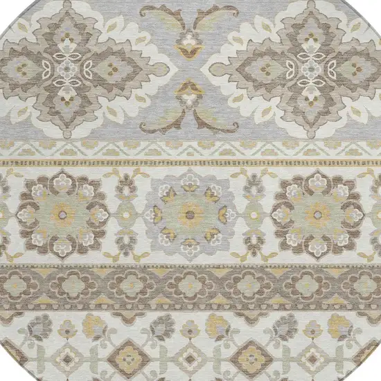 8' Ivory And Silver Round Tribal Washable Indoor Outdoor Area Rug Photo 5