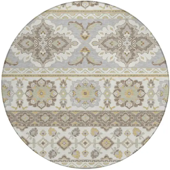 8' Ivory And Silver Round Tribal Washable Indoor Outdoor Area Rug Photo 2