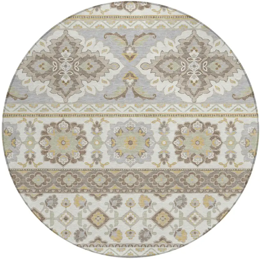 8' Ivory And Silver Round Tribal Washable Indoor Outdoor Area Rug Photo 2