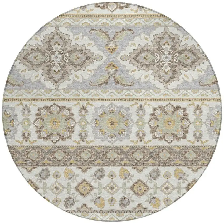8' Ivory And Silver Round Tribal Washable Indoor Outdoor Area Rug Photo 3
