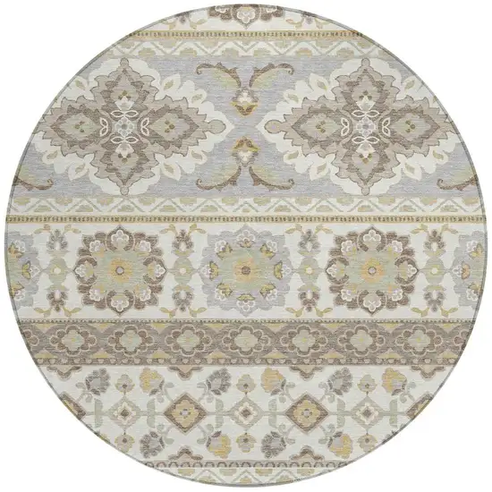 8' Ivory And Silver Round Tribal Washable Indoor Outdoor Area Rug Photo 3