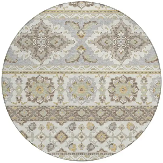 8' Ivory And Silver Round Tribal Washable Indoor Outdoor Area Rug Photo 6