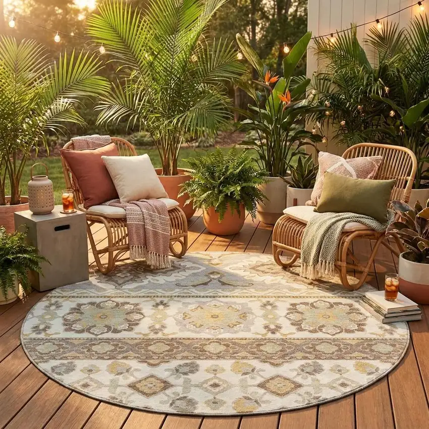8' Ivory And Silver Round Tribal Washable Indoor Outdoor Area Rug Photo 1